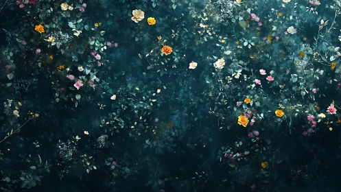 Dark Floral Composition: Layered Botanical Arrangement on Teal Backdrop.