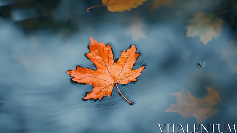 Single orange maple leaf drifts calmly across misty water
