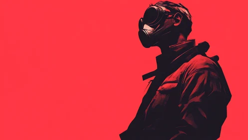 Gas mask figure against stark red minimal backdrop.