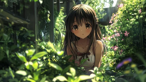 Summer-soft sunlight surrounds a gentle girl in hidden garden