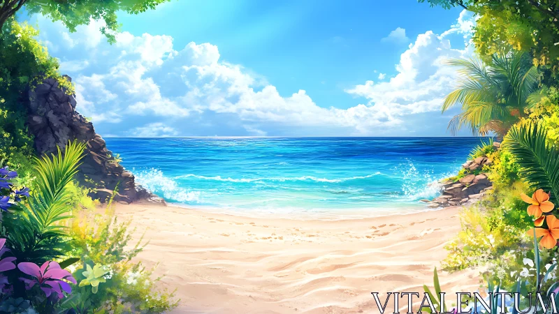 Digital Landscape Rendering Depicting Tropical Coastal Environment with Volumetric Sky