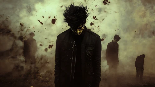 Shrouded male figure in fractured dust cloud with distant silhouettes