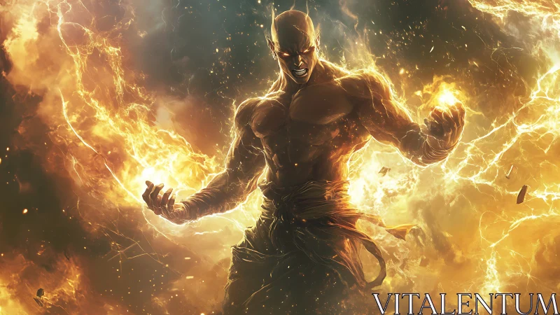 Elemental warrior engulfed in eruptive golden flames.