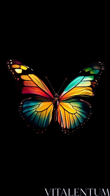 Vivid gradient butterfly spreads luminous wings on black