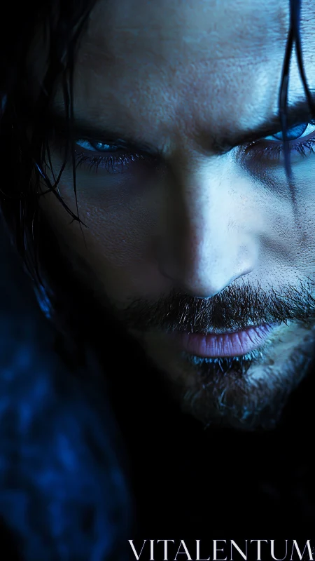 Intense blue-eyed man stares forward in cold close-up