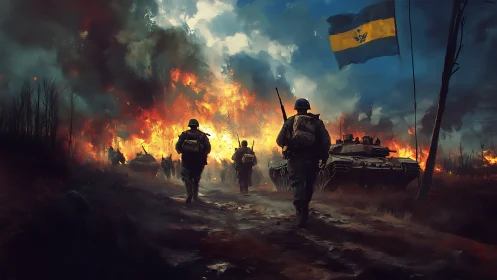 Infantry advance through burning battlefield under war flag.