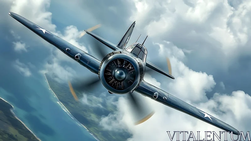 WWII navy fighter dives through storm-lit coastal clouds.