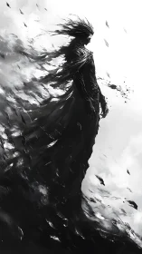 Silhouetted figure dissolving into abstract black forms.