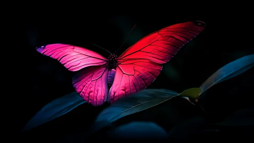 Pink and red butterfly on leaf in dark close-up scene.