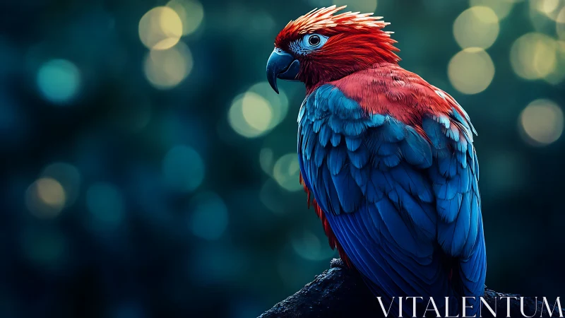 Vibrant red and blue parrot on branch, bokeh background, digital art.