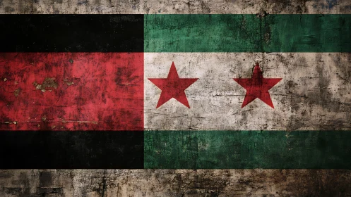 Weathered tricolor flag with bold red stars across worn stripes