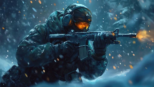Stealth soldier firing rifle in stormy blue night snowfield.