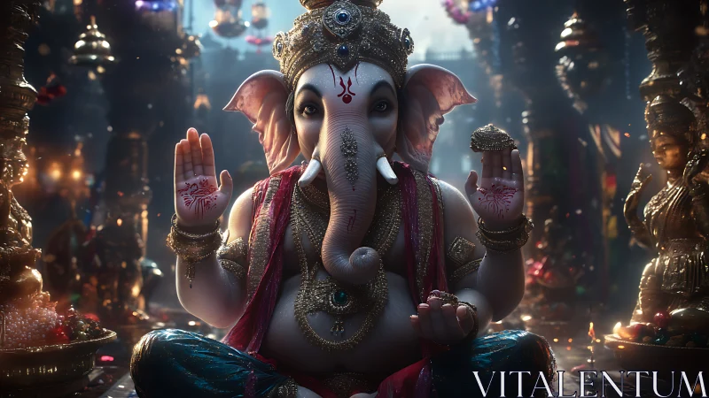 Hyperreal 3D Ganesha idol in ornate temple ambient lighting