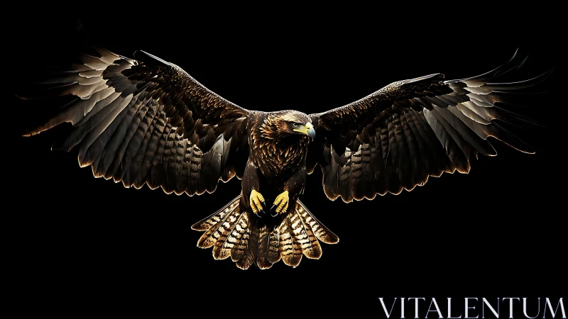 Majestic eagle in flight on black background, dramatic lighting.