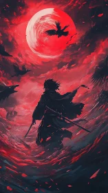 Lone warrior strides beneath a fiery moon and swirling crows.