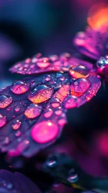 Neon raindrops resting on midnight leaves in quiet bloom.