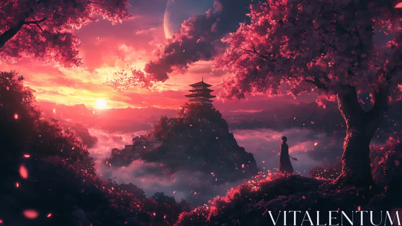 Dreamy cherry blossom sunset over misty mountain temple.