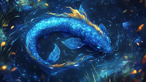 Celestial koi dragon swirls through luminous midnight waters.