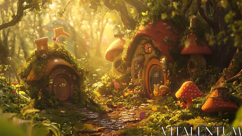 Sunlit fairy cottage village amid glowing forest path.