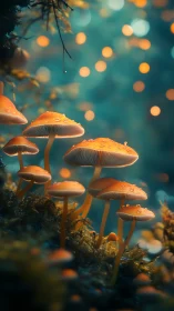 Digital painting of luminescent forest mushrooms in bokeh field.