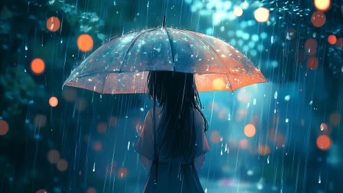 Backlit girl under translucent umbrella in nocturnal rain