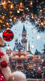 Fairytale castle glows under festive winter snowfall.