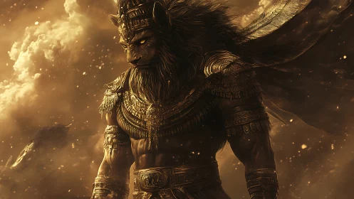 Mythic leonine pharaoh avatar in gilded stormlit desert haze