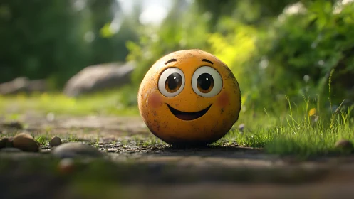 Smiling emoji ball resting on sunlit forest pathway.