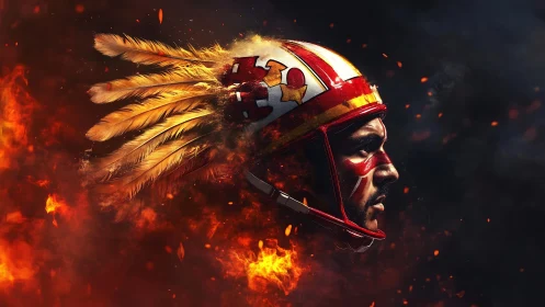 Digital painting of flaming warrior helmet with feathered crest.