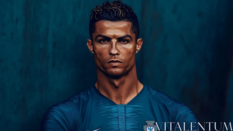 Steel-eyed footballer forged in deep teal stadium glow.