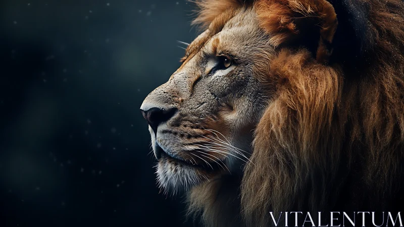 Midnight-maned lion in starlit profile contemplation.