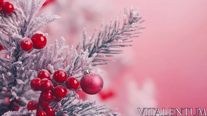 Frosted fir branch with red berries and matte bauble detail.