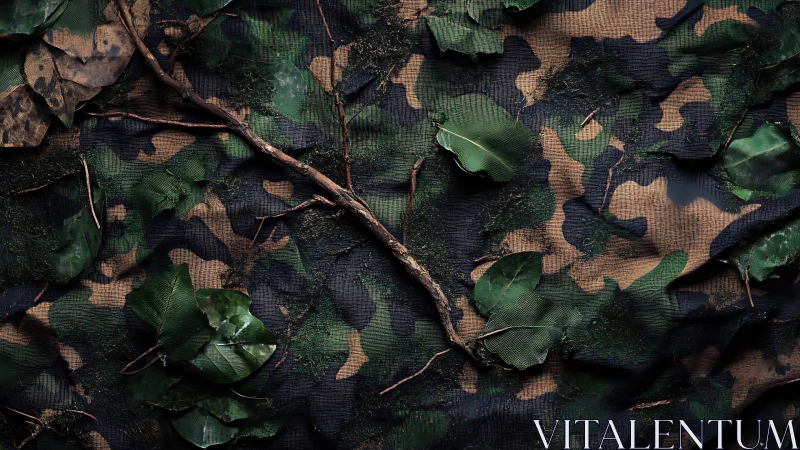 Camouflage fabric nestles under twigs, leaves, and forest moss