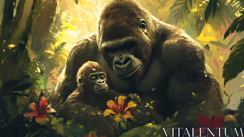 Gorilla mother and infant in golden rainforest light study.