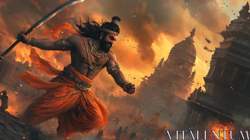 War god storms burning temples in molten dusk fury.