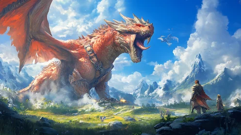 Massive red dragon confronts armored figures in open valley
