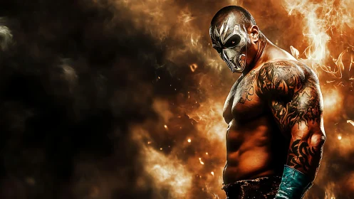 Armored masked fighter amid combustive particulate vortex field.