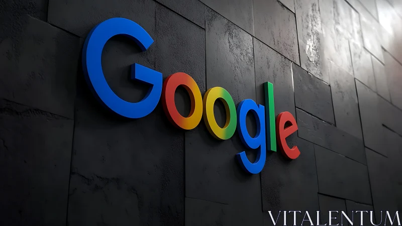 Google logo stands out on dark tiled corporate wall.