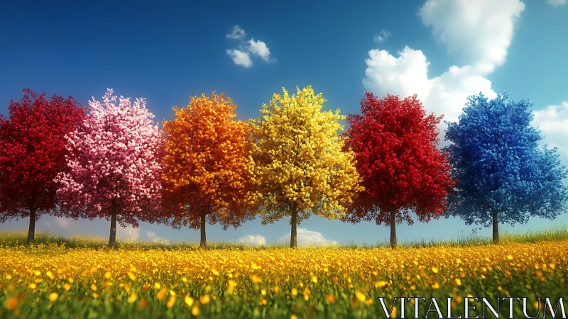 Vibrant rainbow trees lining a golden wildflower meadow.
