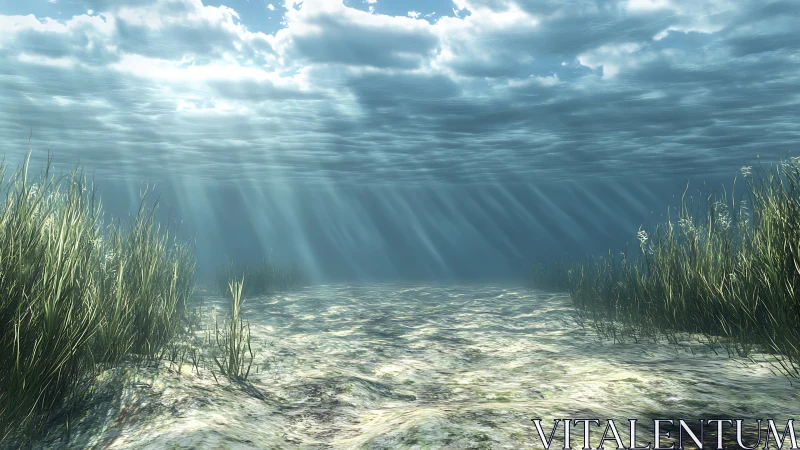 Shallow underwater seagrass bed with sunlit sandy floor.