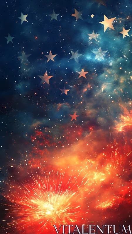 Starry night sky over bright red explosive fireworks display.