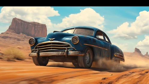 Dusty blue classic car racing through sunlit desert trails.
