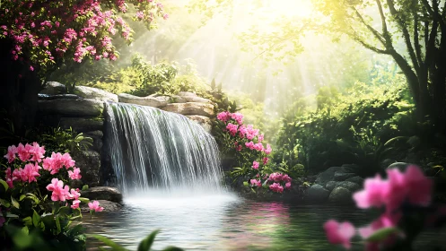 Sunlit forest waterfall framed by vivid pink blossoms