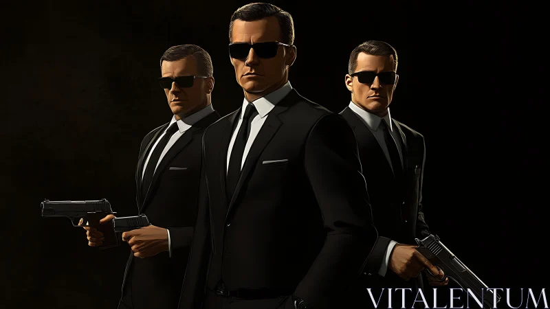 Three armed agents in black suits stand ready in shadows