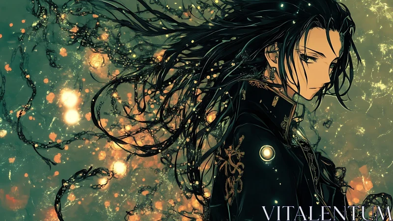 Starlit wanderer cloaked in emerald embers and drifting light.