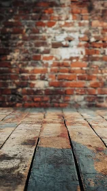 Weathered wooden floorboards meet defocused aged brick wall plane