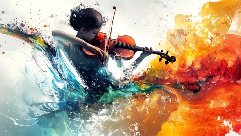 Violinist pours liquid color into a storm of painted sound