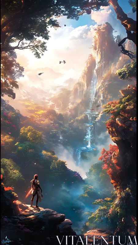 Lone wanderer gazes into a radiant, mythic valley horizon.