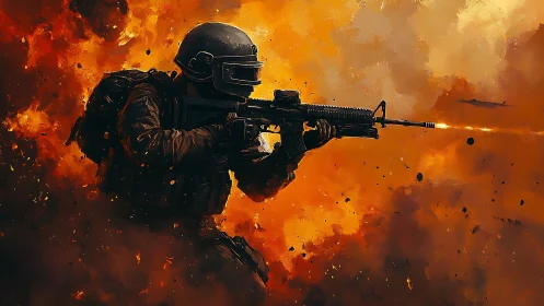 Firestorm-cloaked soldier strides forward through burning chaos