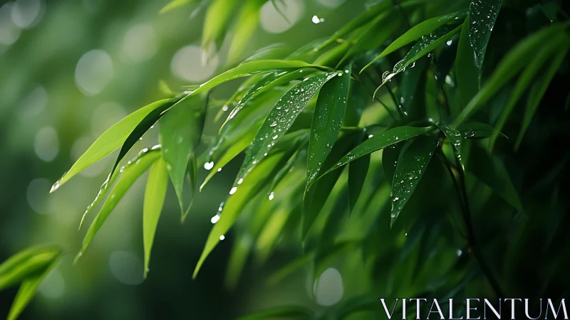 Rain-kissed bamboo leaves glisten softly in tranquil green light